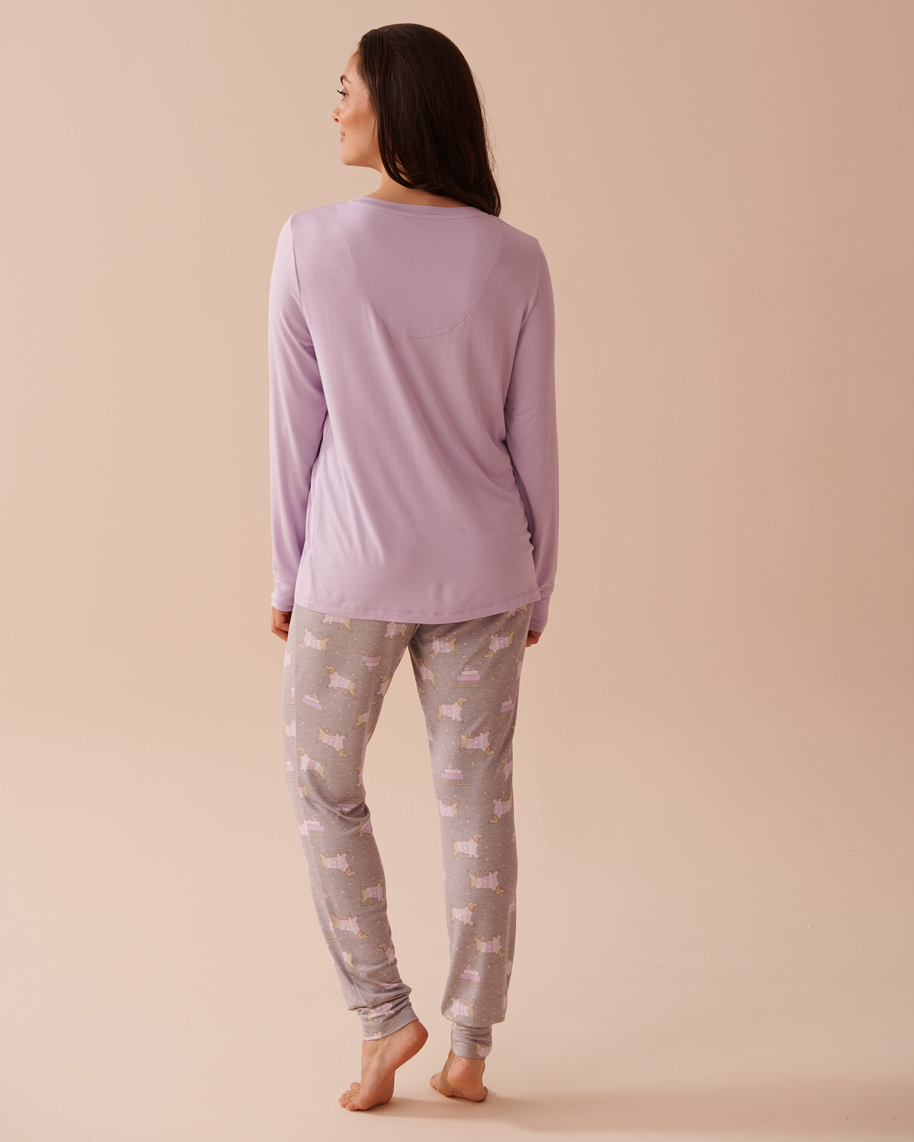 LA VIE EN ROSE Dachshund Print Long Sleeve PJ Set Dachshund/Lilac & Grey 40400071 - View2