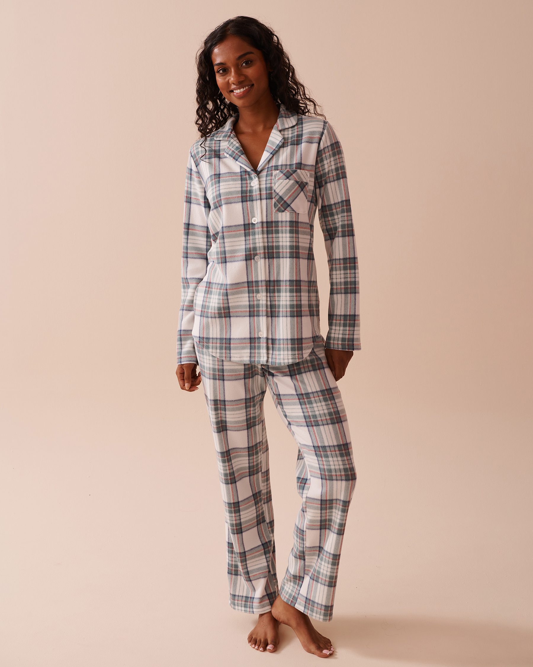 LA VIE EN ROSE Green Plaid Micropolar PJ Set Green & White Plaid 40400074 - View1