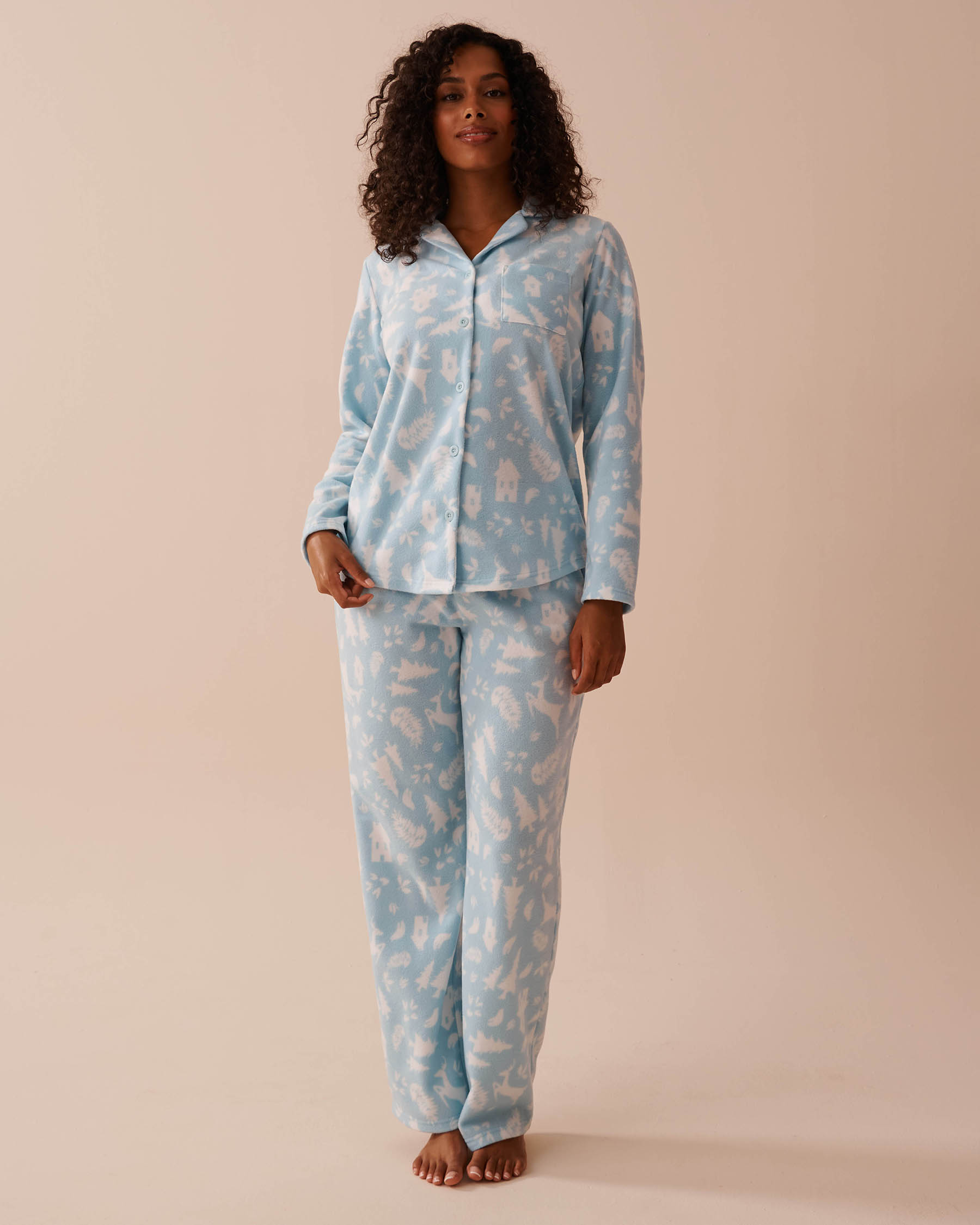 LA VIE EN ROSE Winter Print Micropolar PJ Set Blue Forest 40400074 - View1