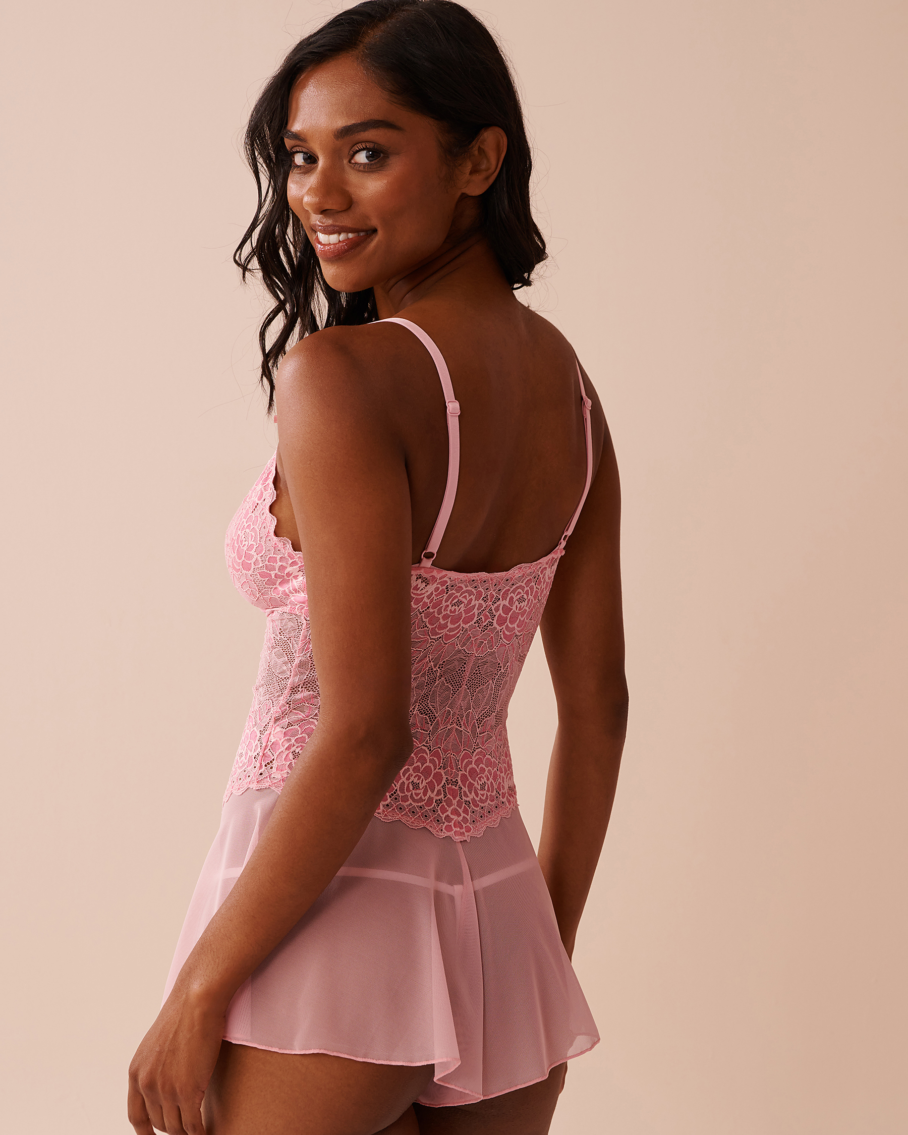 LA VIE EN ROSE Floral Lace and Mesh Romper Blushing Pink 60300095 - View2