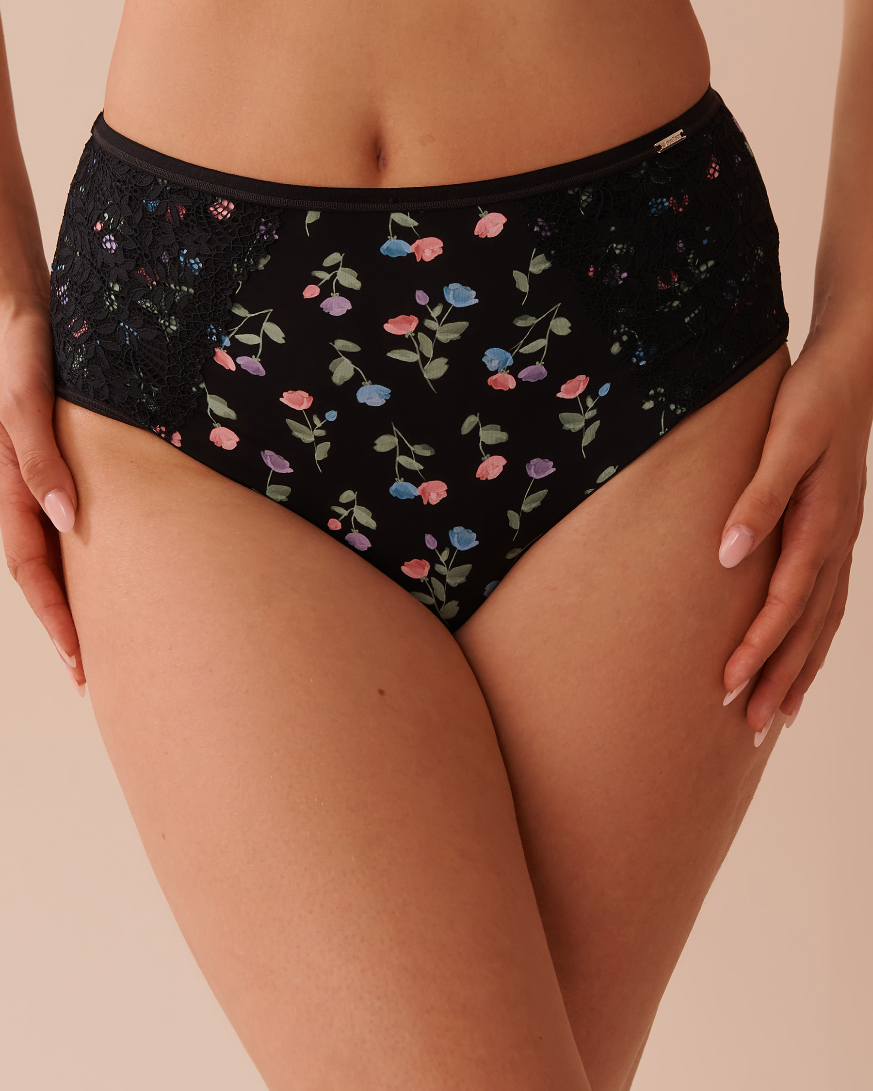 LA VIE EN ROSE Microfiber and Lace Sleek Back High Waist Bikini Panty Black/Pastel Tulips 20300362 - View1