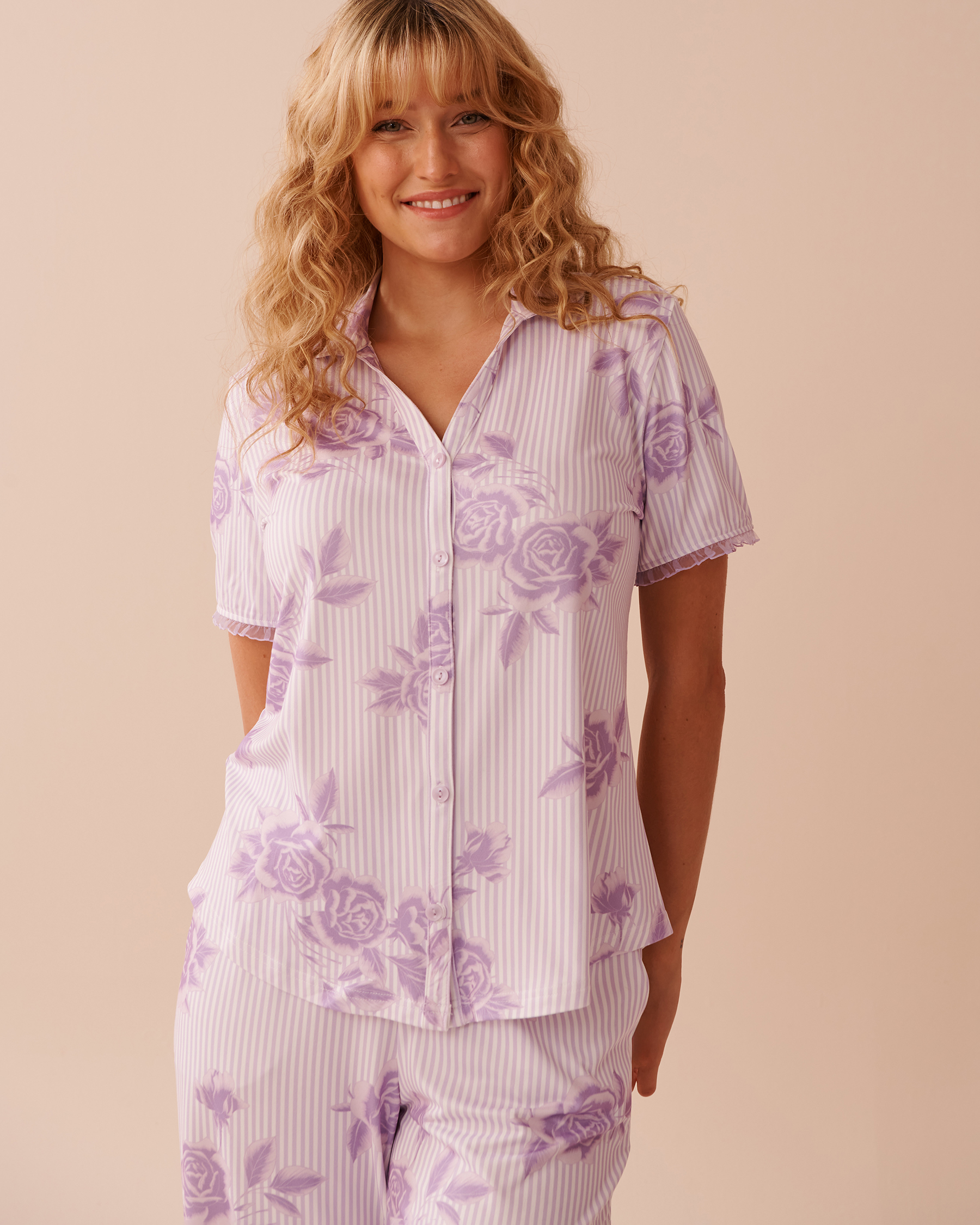 LA VIE EN ROSE Lilac Rose Print Super Soft Button-down Shirt Lilac Rose 40100681 - View1