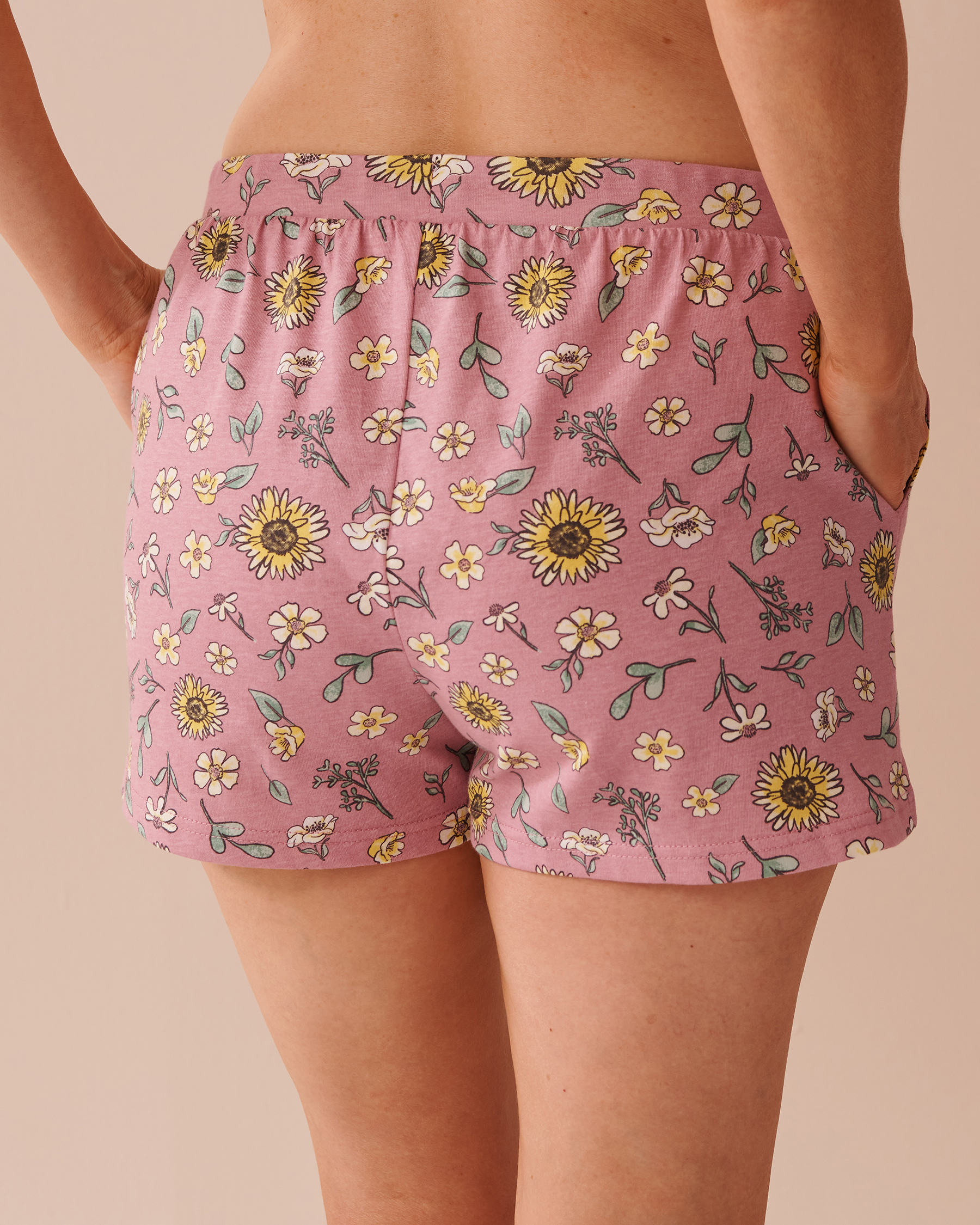 LA VIE EN ROSE Sunflower Print Cotton Pajama Shorts Old Pink/Sunflowers 40200679 - View2