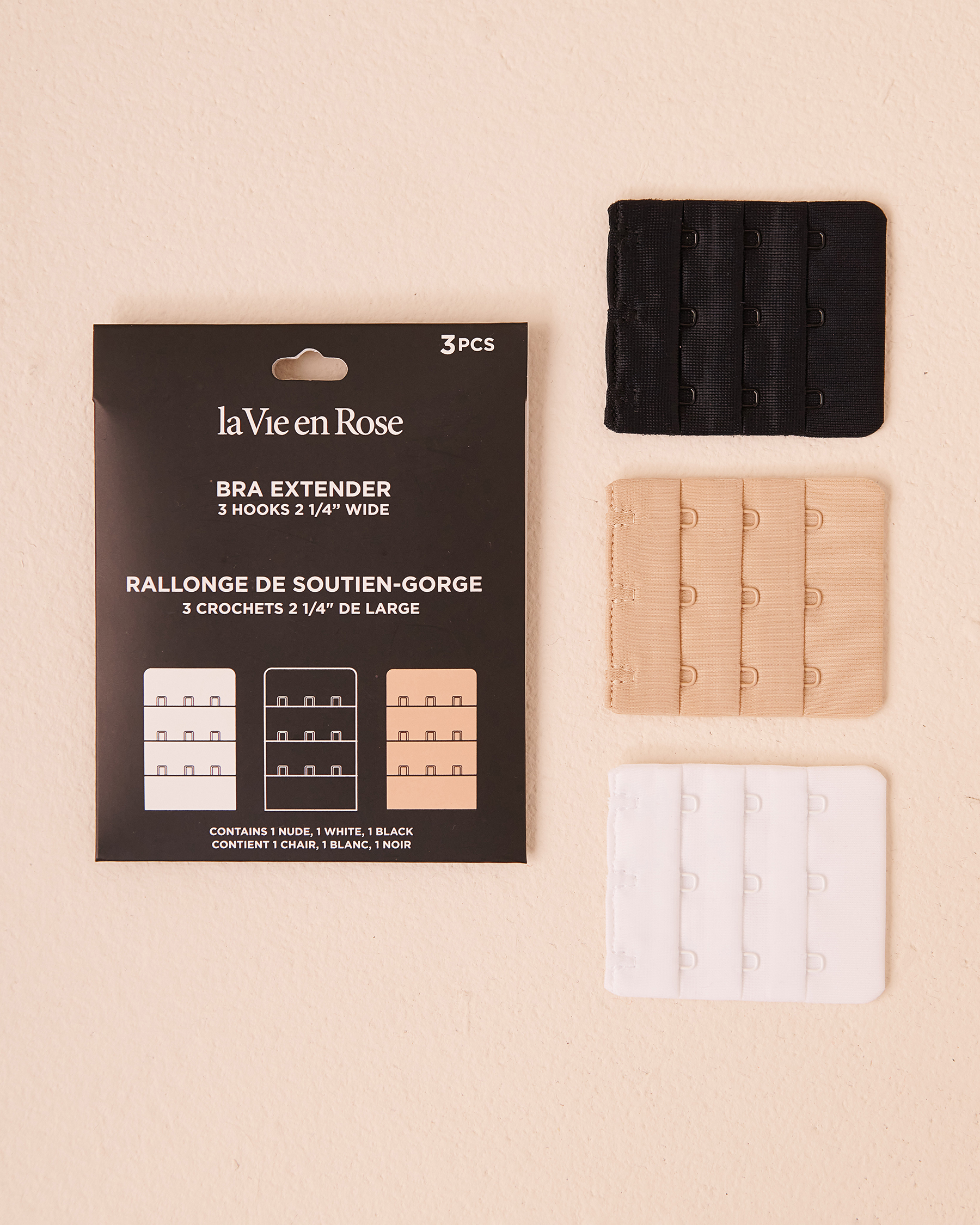 LA VIE EN ROSE 3Pcs Set of 2 1/4'' Wide 3-Hook Bra Extenders Black/White/Latte 10400017 - View1
