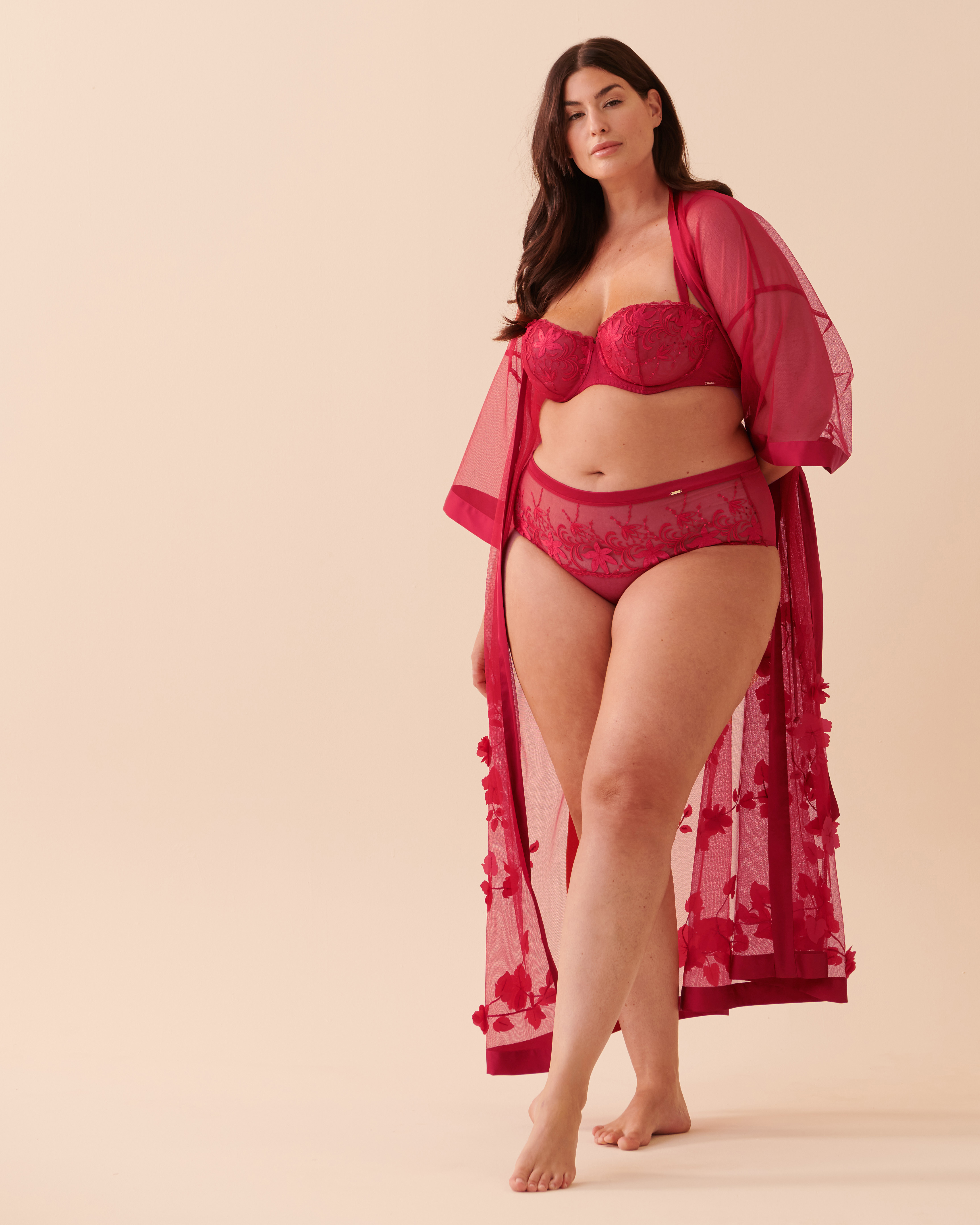 LA VIE EN ROSE Long Sheer Mesh Floral Kimono Jingle Red 60600062 - View1