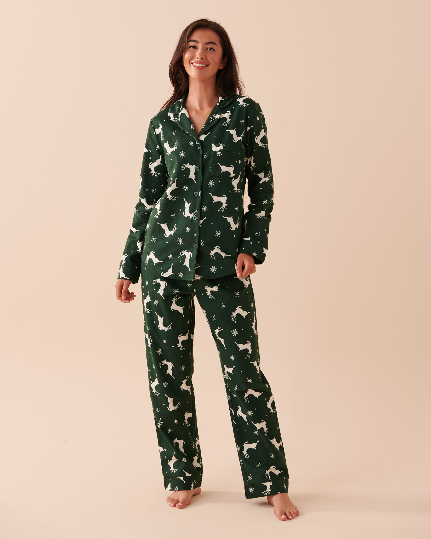 LA VIE EN ROSE Animal Flannel PJ Set Green Deer 40400055 - View1