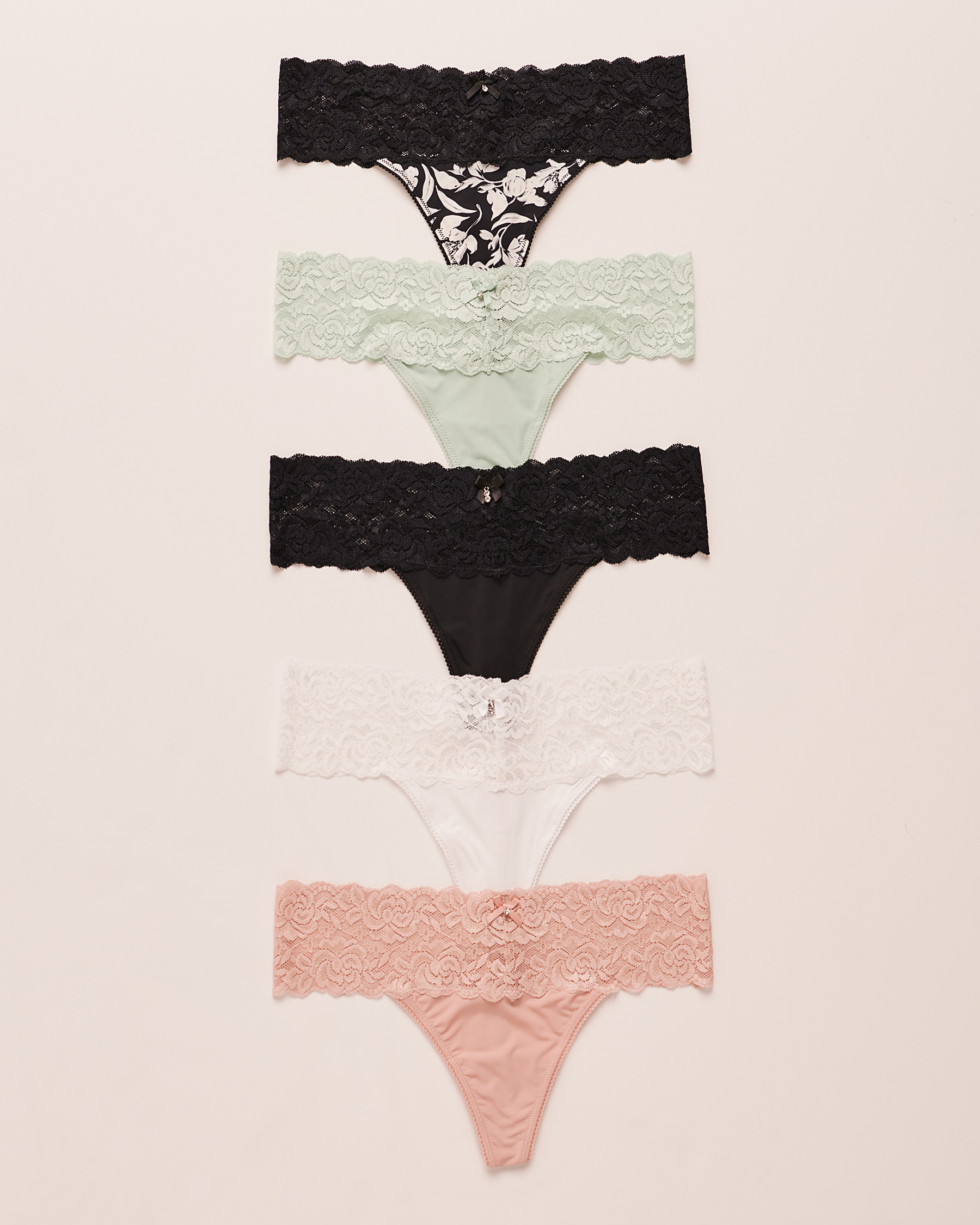 LA VIE EN ROSE 5-Pack Microfiber and Wide Lace Band Thong Panties Multicolor 20200320-5PK - View1