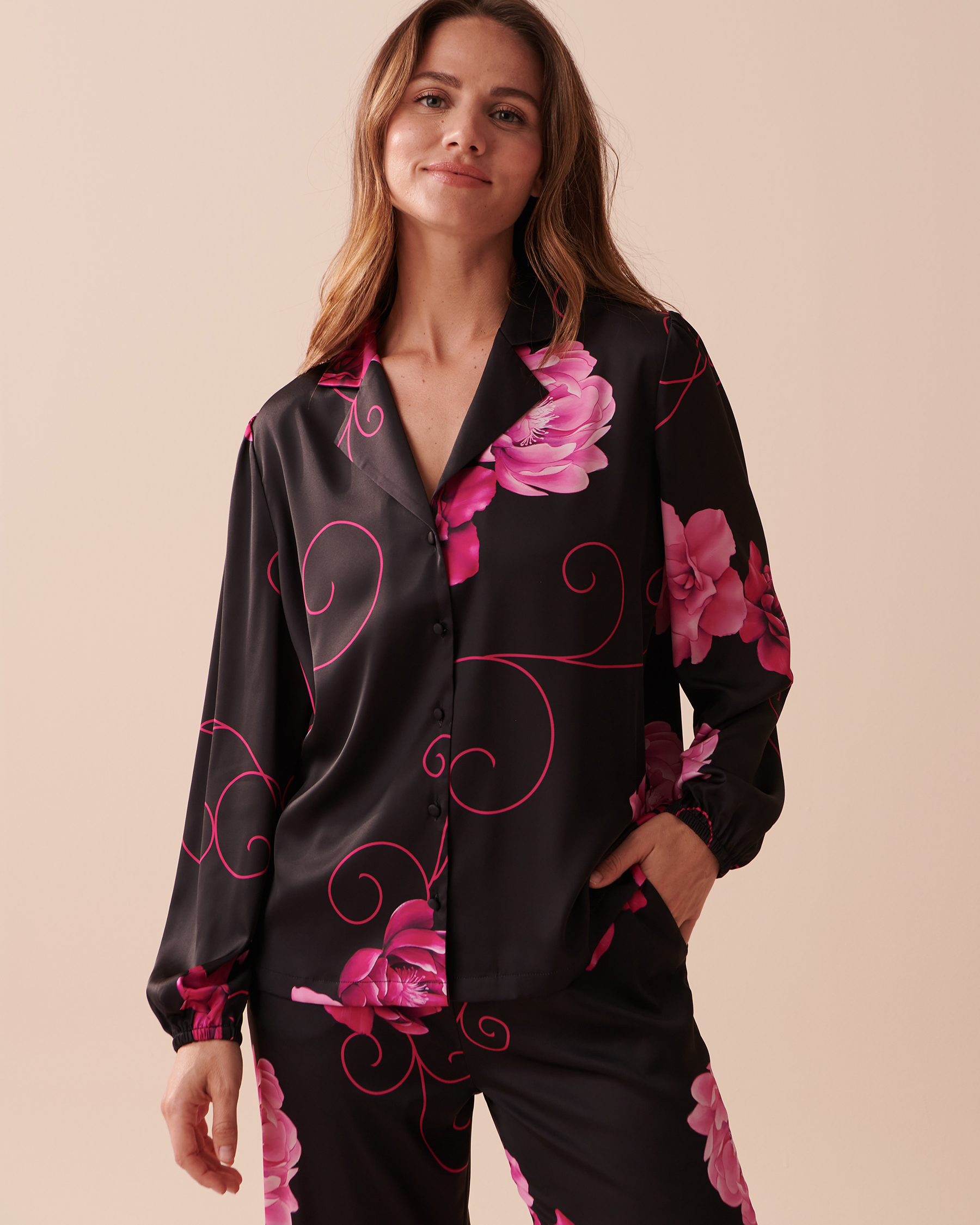 LA VIE EN ROSE Satin Long Sleeve Button-down Shirt Bold peonies 60100087 - View1