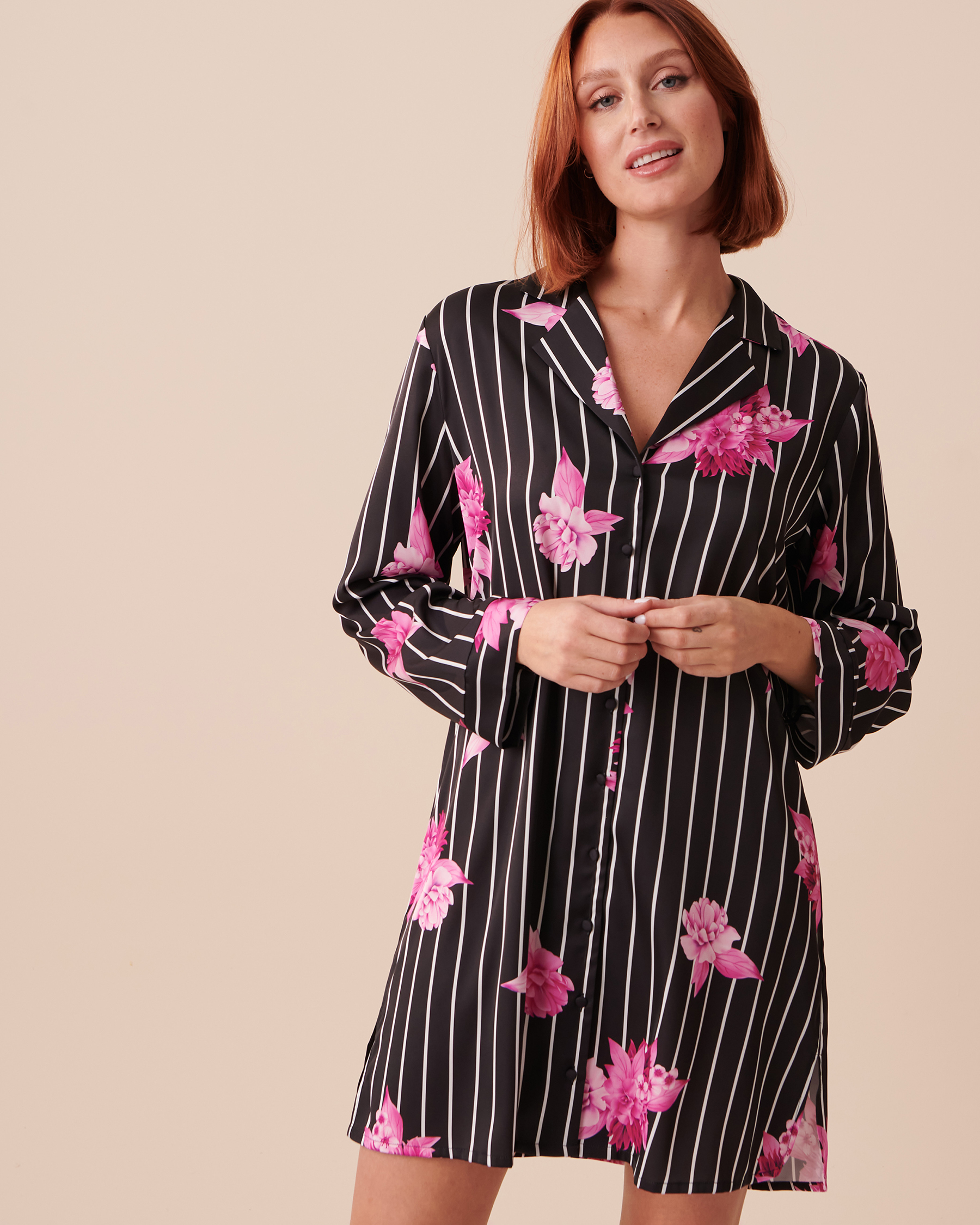 LA VIE EN ROSE Satin Button-down Sleepshirt Bold Stripes 60500127 - View1