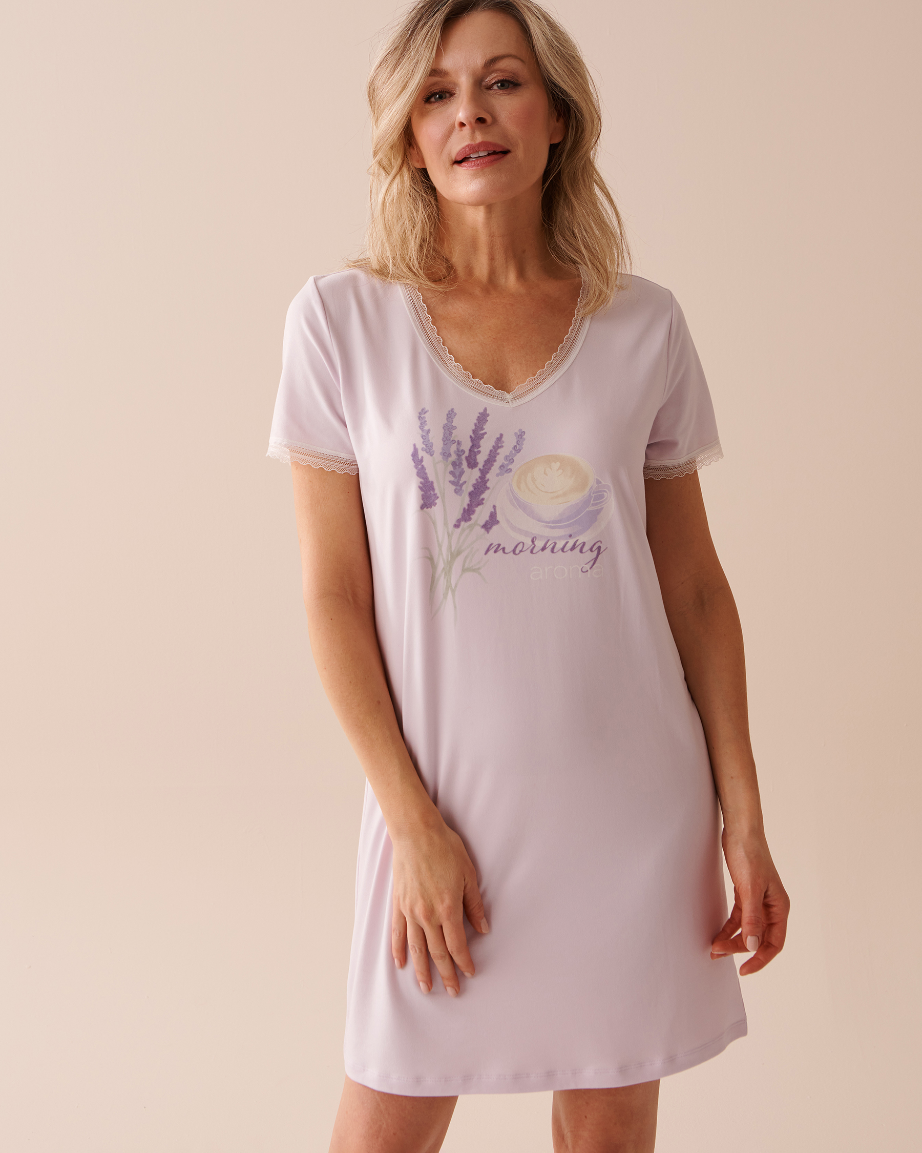 LA VIE EN ROSE Coffee & Lavender Print Super Soft Short Sleeve Sleepshirt Lavender 40500347 - View1