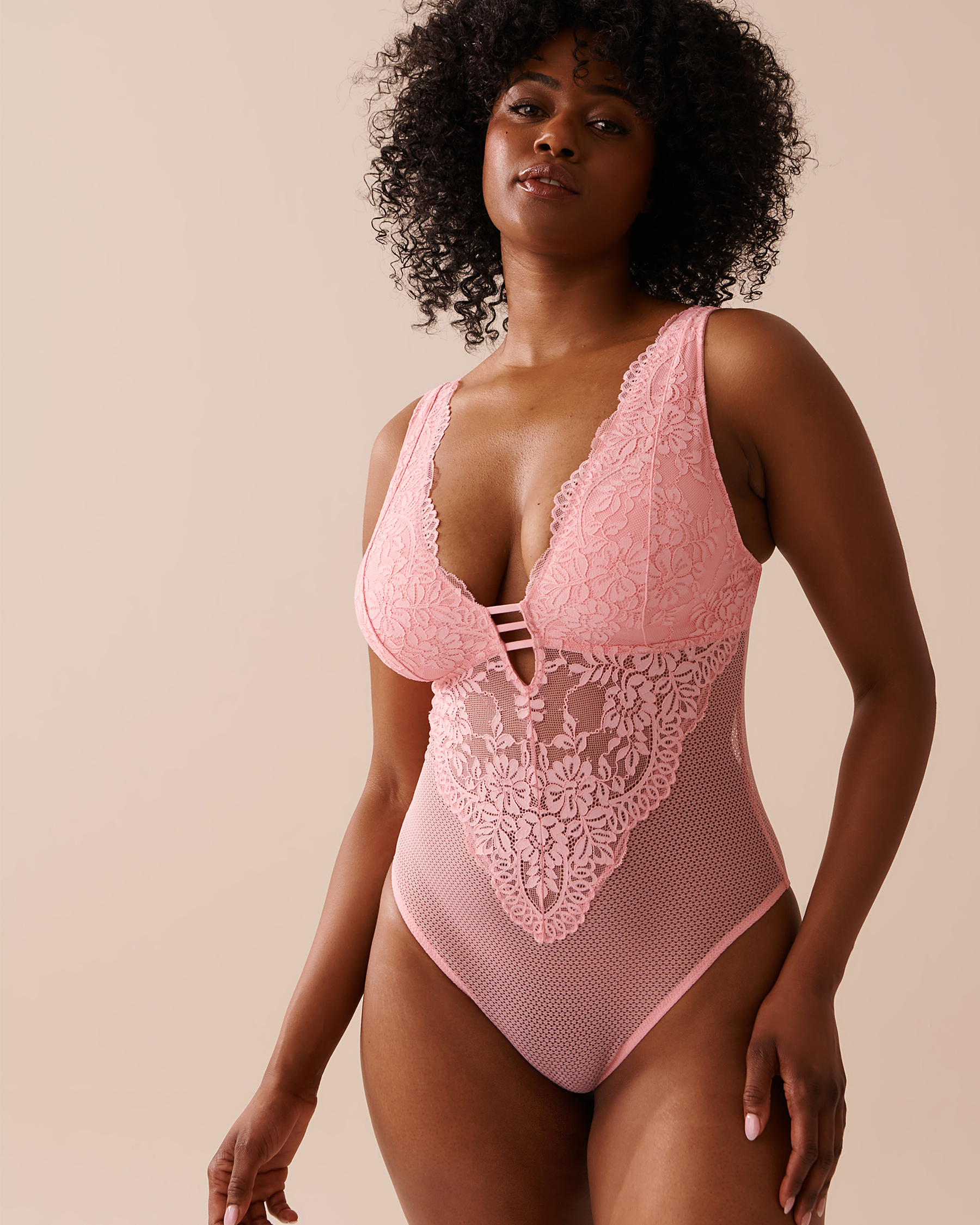 LA VIE EN ROSE Embroidered Lace and Mesh Plunge Teddy Candy Pink 60300082 - View1